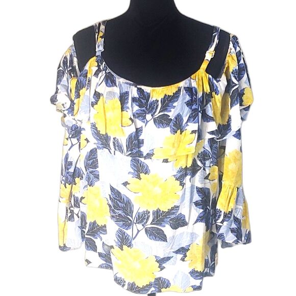 INC International Concepts Multicolor Floral Off Shoulder Bell Sleeve Top Size L - Picture 1 of 7